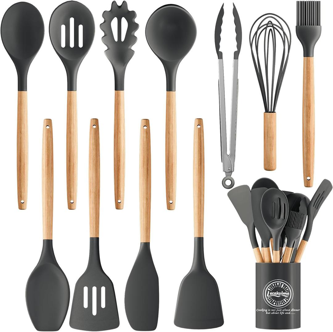 Silicone Cooking Utensil Set,12 PCS Cooking Kitchen Utensils Set, Nonstick Kitchen Utensils 446F Heat-Resistant Cookware Kitchen Tools of Spoon,Brush,Whisk,Spatula,Turner Tongs (Gray)