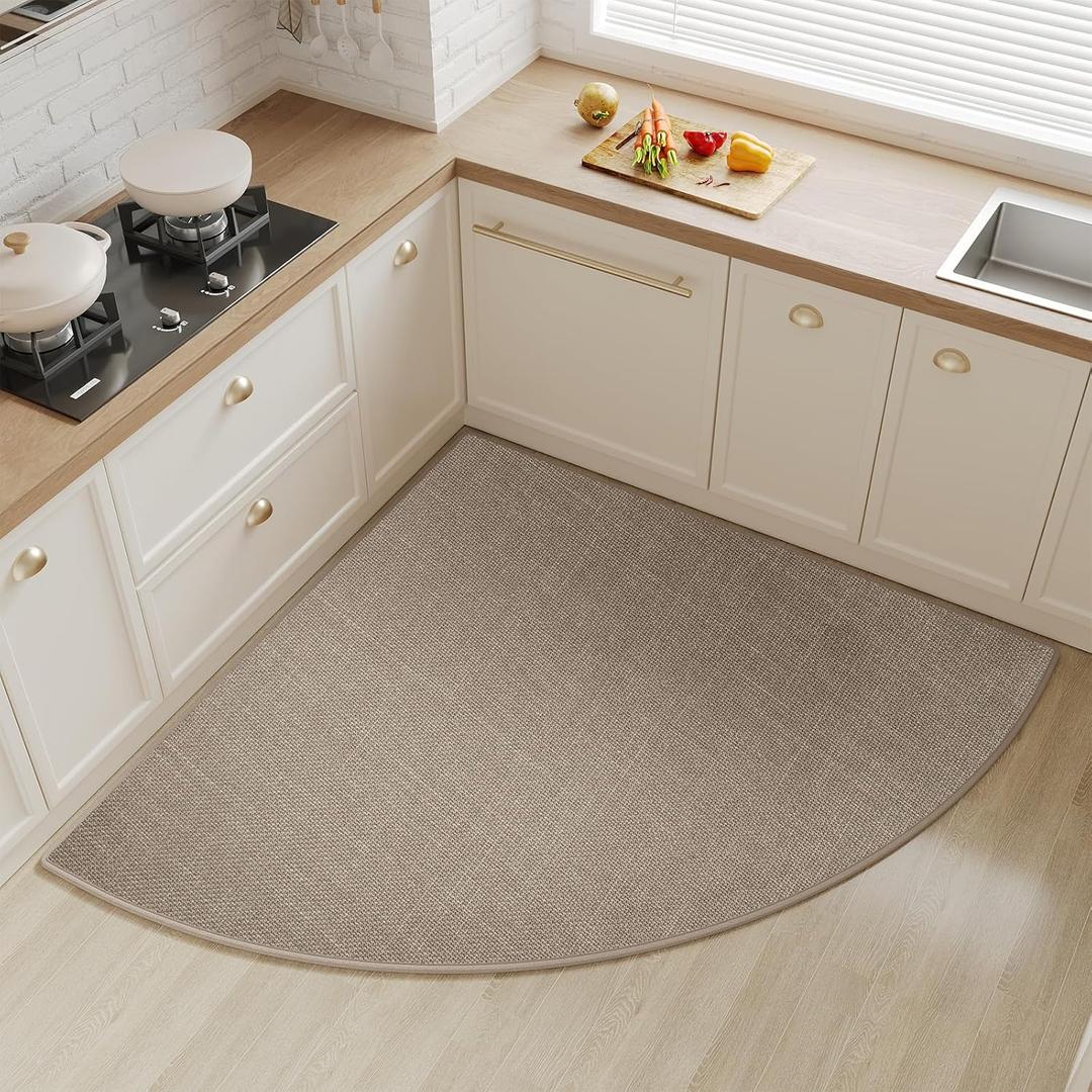 Corner Kitchen Mats for Floor Non Slip Washable, Rubber Backed Circular Sector Kitchen Rugs, Super Absorbent Imitation Linen Braided Kitchen Floor Mat for Sink Corner Areas (Brown, Radius 55")