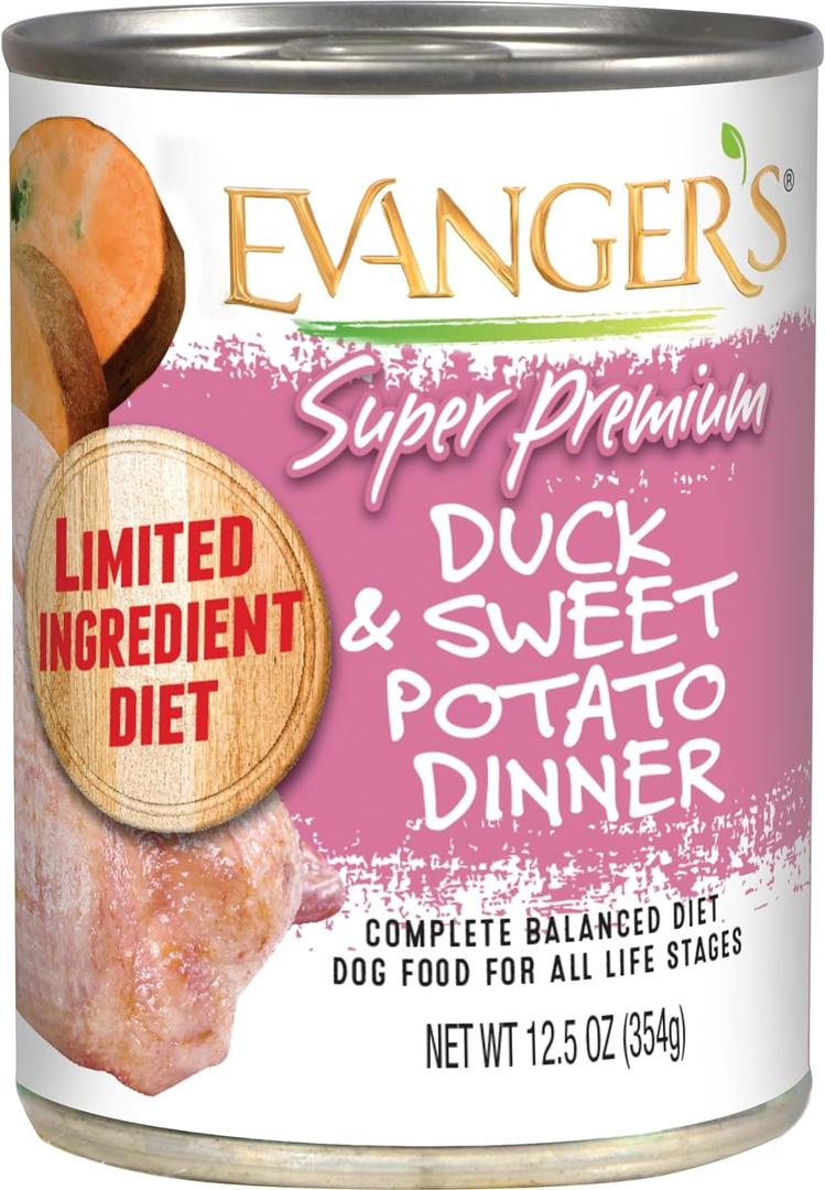 Evanger's Super Duck & Sweet Potato Dinner  12 Count, 12.5 oz Each  Limited Ingredient Wet Dog Food  Grain & Gluten Free Recipe  Easy to Digest for Sensitive Stomachs, Best By Jan, 2029