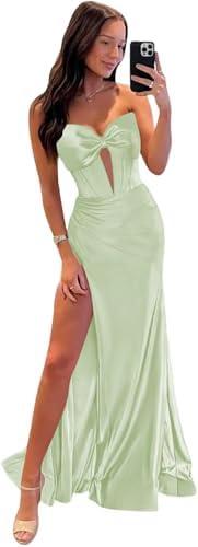 Strapless Bow Prom Dresses Long for Women 2025 Ruched Bow Dress with Slit Satin Formal Evening Gown for Party RO250, Large, Dusty Sage 