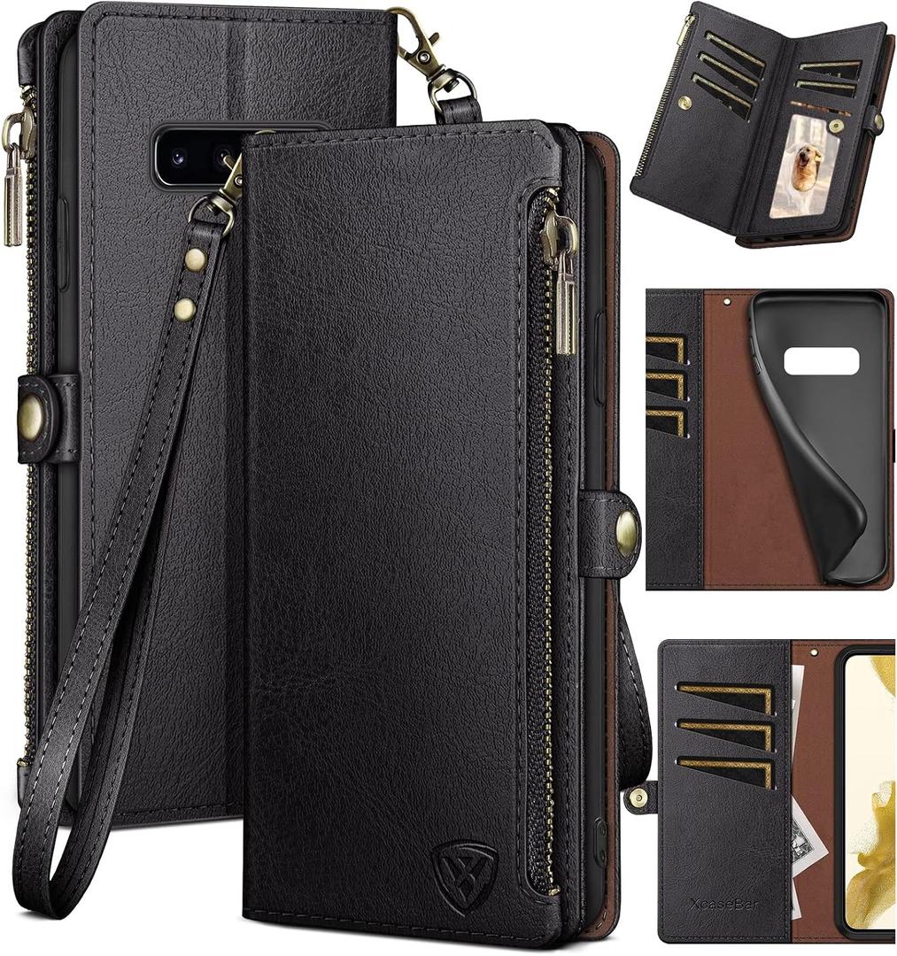 XcaseBar for Samsung Galaxy S10+/S10 Plus Wallet case with Zipper Credit Card HolderRFID Blocking, Flip Folio Book PU Leather Phone case Shockproof Cover Women Men for Samsung S10+ case Black