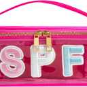 Clear Waterproof Summer SPF Makeup BagAesthetic Transparent Letter Patch Cosmetic Bag with Metal Zipper, Preppy Sunscreen Accessories Storage Organization , Beach Travel Purse(03SPF Hot Pink)