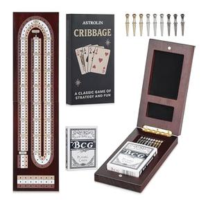 Cribbage Board Game Set - Wooden Foldable 3-Track Board with Magnetic Closure, 9 Metal Pegs, Playing Cards, Portable Family Travel Game for Gatherings and Gifts