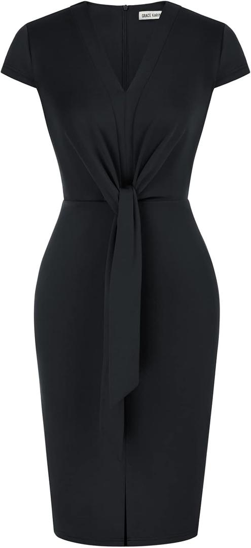 GRACE KARIN Women's Summer Midi Dresses Cap Sleeve Tie Waist Work Dress Slit V-Neck Bodycon Dress Business Casual Outfits (Large, Black)