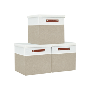DECOMOMO Storage Basket with Lid, Storage Cubes with Handles, Fabric Box with Lid (Beige and White, 11” / 3 Pack)