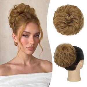 Messy Bun Hair Piece Human Hair Curly Buns Hair Piece for Women Updo Hairpiece for Daily Wear Ponytail ExtensionCaramel Blonde/Brown