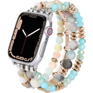 VISOOM Beaded Boho Bracelet Compatible for Apple Watch Band 40mm/38mm/41mm/42mm Series 10 9 8 7 SE Series 6/5/4 Women Fashion Cute Handmade Crystal Beads Stretchy Watch Strap for iWatch Bands Series 3/2/1 (Amazonite Mint Blue)