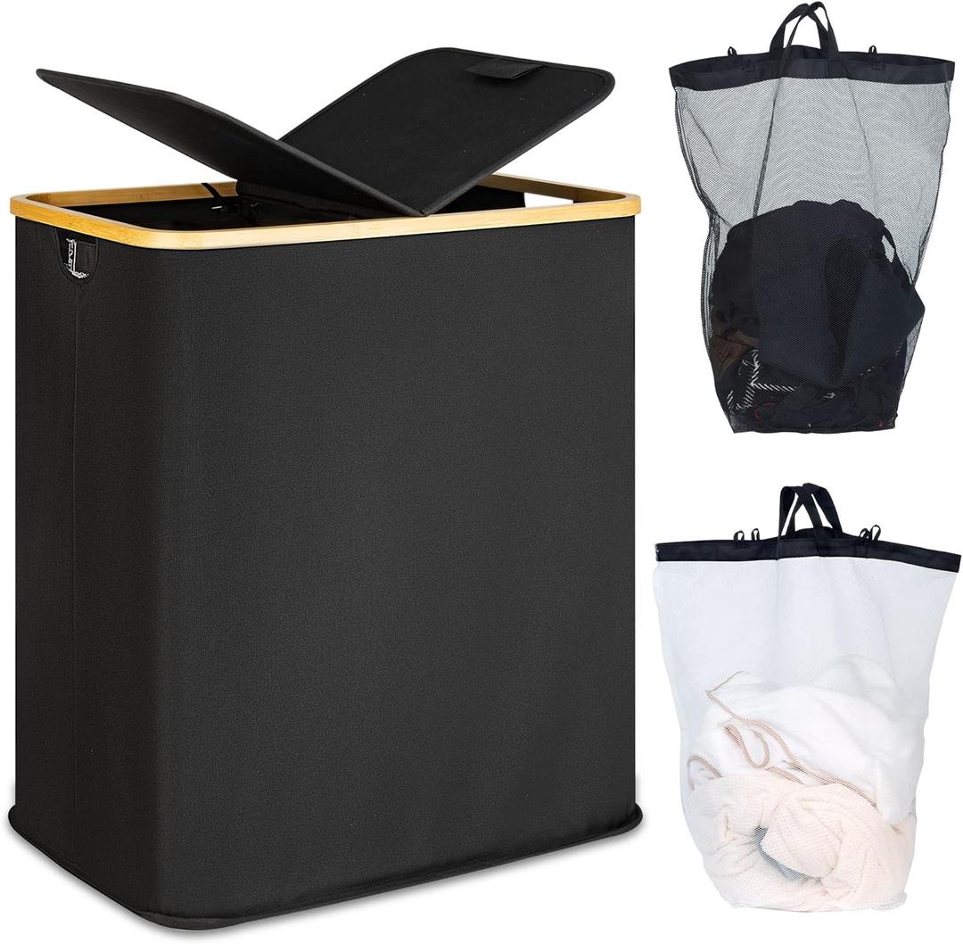 efluky Laundry Hamper with Lid, Double Laundry Hamper with 2 Removable Bags, 2 Section Laundry Basket with Bamboo Handles for Bathroom, Bedroom & Laundry Room, 140L (36.9 Gallon) Black (140L Dual)