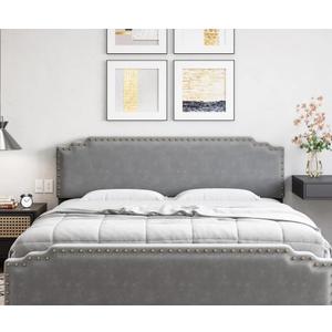 Garvee King Size Bed Frame, Velvet Upholstered Platform Bed Frame with Rivet Decor Headboard, Strong Wood Slat Support, No Box Spring Needed, Grey (King)