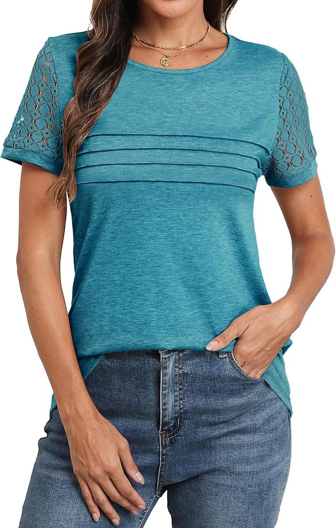 Memorose Women's Short Sleeve Shirts Lace Dressy 2025 Spring Summer Tops Trendy Vacation Casual Work Blouses (X-Large, Bluegreen02)