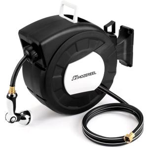 100 FT x 1/2" Retractable Garden Hose Reel by HOZEREEL, Decorative Outdoor Garden Hose Reels - Automatic Self Retract Wall Mount Hose Reel Enclosed Storage, Any Length Lock, 10 Pattern Nozzle Black