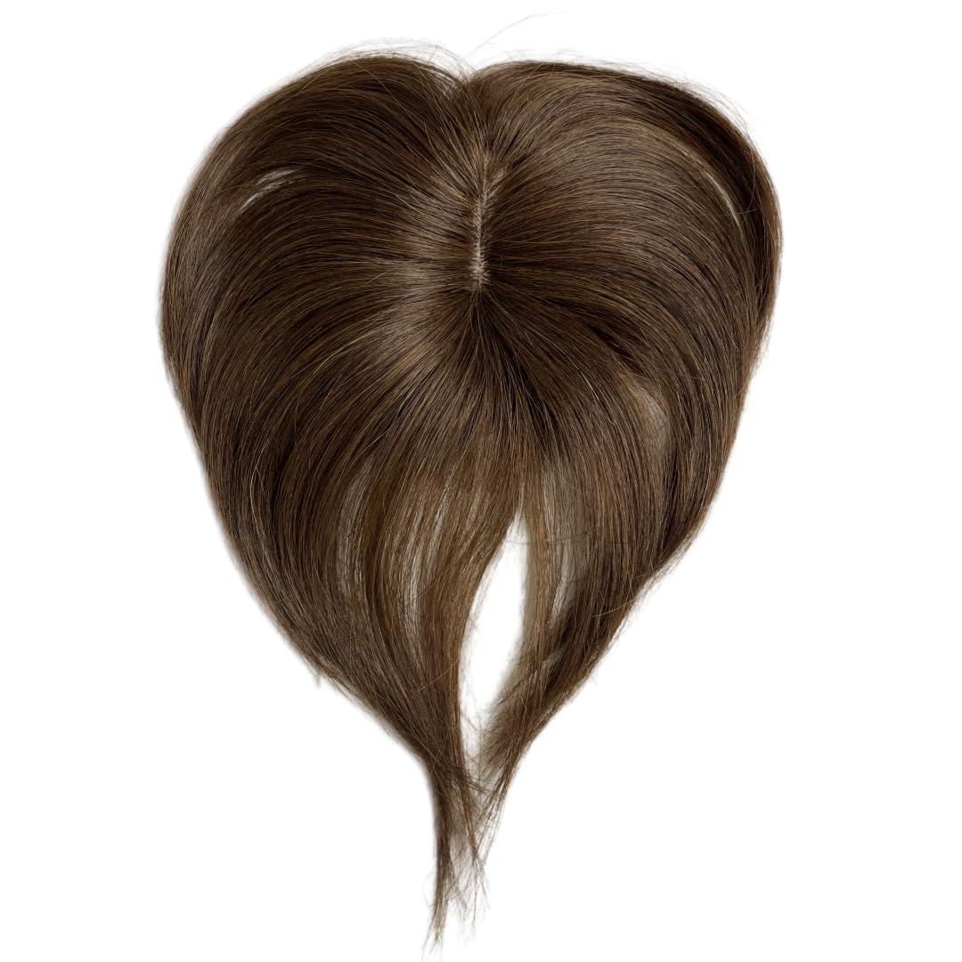 Short Clip in Human Hair Bangs, Lace Human Hair Toppers for Women Thinning Hair Middle Part Straight Hairpieces Extensions 6inch (Light Brown+Short Hair)