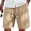 COOFANDY Men's Linen Shorts Casual 9"/ 7" Elastic Waist Drawstring Summer Beach Shorts (Large, 1 Dark Khaki)