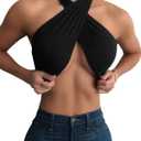 Mokoru Women's Sexy Sleeveless Halter Criss Cross Tank Crop Tops Self Tie Backless Cami (Black) L/XL