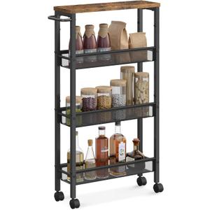 VASAGLE Slim Rolling Cart, 4-Tier Narrow Storage Cart with Handle, 5.1 Inches Deep, Metal Frame, for Kitchen, Dining Room, Living Room, Home Office, Rustic Brown and Classic Black ULRC032B01V1