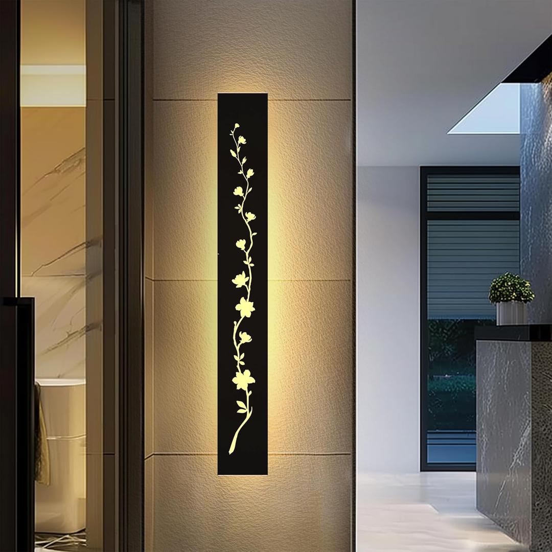 Modern Outdoor Wall Lights 23.62in Black Floral Hollow Modern Long Led Wall Sconce Ip65 Waterproof Wall Lamp 22W Porch Lights Outdoor 3000K Wall Light Fixtures for Villa Patio Garden Garage