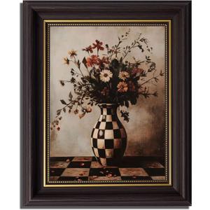 Vintage Floral Dark Brown Framed Canvas Wall Art Moody Plants Flower Painting Decor Picture Eclectic Farmhouse Wildflower Vase Daisy Bedroom Living Poster Print for Corridor Kitchen Room Decoration