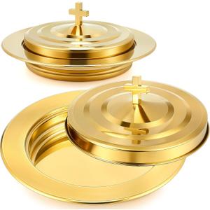 Zhehao 1 Plates Gold Communion Set, Holy Trays with Lid, Stainless Steel Bread Tray Plates for Churches, Holy Communion Tray with Cover, Polished Church Supplies Ware Sets