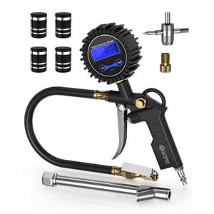 Digital Tire Pressure Gauge with Inflator, T500 Air Compressor Attachments, Heavy Duty Air Chuck with Rubber Hose and Quick Connect Coupler