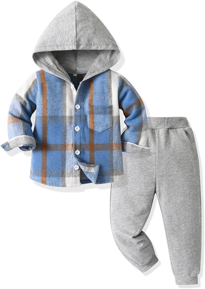 Yanmucy 2PCS Little Toddler Boys Sweatsuit Cotton Plaid Hoodies Shirt Tops + Pants Kids Spring Fall Winter Clothing Set, 6-7T
