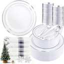 350Piece Silver Plastic Dinnerware Set for 50 Guests - Silver Plastic Plates with Cutlery Include:50Dinner Plates-50Dessert Plates-50Pre Rolled Napkins with Silverware for Christmas (White and Silver)