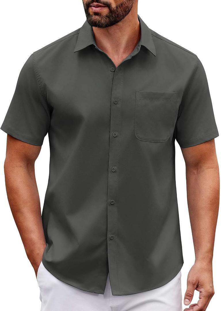 COOFANDY Mens Short Sleeve Button Down Shirts Casual Dress Shirt Untucked Shirts with Pocket (L)