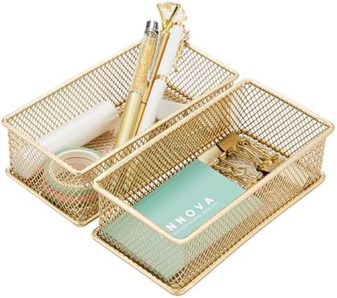 Annova Mesh Stackable Drawer Cabinet and Shelf Organizer Bins Storage Basket School Office Supply Holder Tray- Set of 2 (Gold, 3x6x2 Inch)