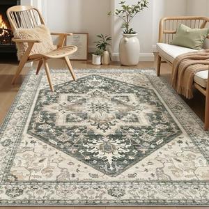 Area Rug for Living Room - 7x9 Washable Oriental Vintage Floral Large Soft Carpet - Fade Stain Resistant Non Slip Rugs for Bedroom Dining Room Nursery Dorm Office Home Decor - Vintage Green