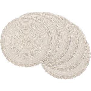 SHACOS Round Placemats Set of 6 Boho Braided Bordered Place Mats 15 inch for Dining Tables Wedding Holiday Party (Ivory Bordered, 6)