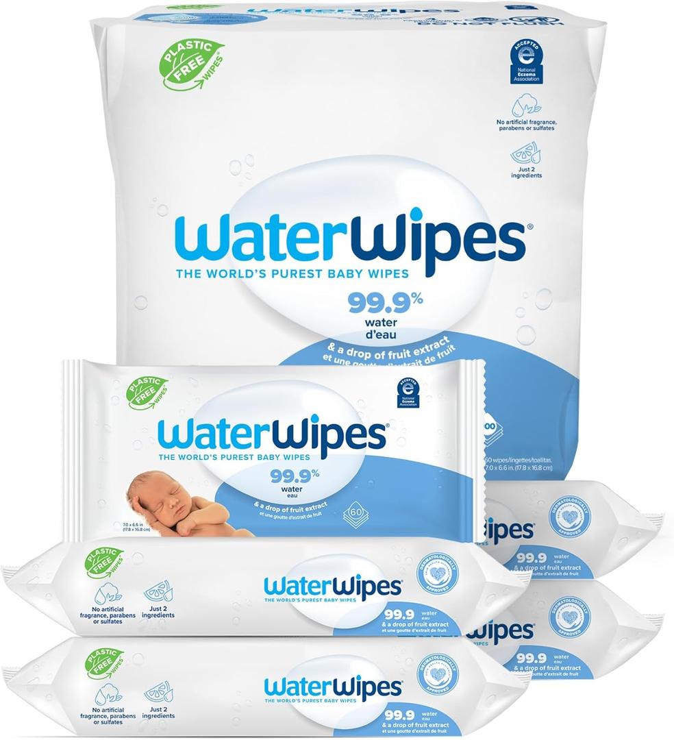 WaterWipes Plastic-Free Original Baby Wipes, 99.9% Water Based Wipes, Unscented & Hypoallergenic for Sensitive Skin, 300 Count (5 packs) (60 Count (Pack of 5))