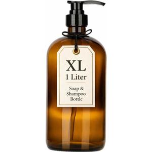 32 Ounce Glass Pump Dispenser Bottle, Large Amber Container with Pump for Shower and Bath Shampoo Soap Conditioner Lotion - 1 Liter Shower Bottles- by Kitchentoolz