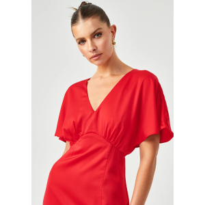 Satin Short Sleeve Red Dress Double V Neck Empire Waist Floor Length Formal Party Dress L