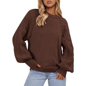 PRETTYGARDEN Womens Sweaters Spring Fashion 2026 Crew Neck Cable Knit Casual Loose Chunky Tunic Sweater Winter Clothing (Brown, XXL)