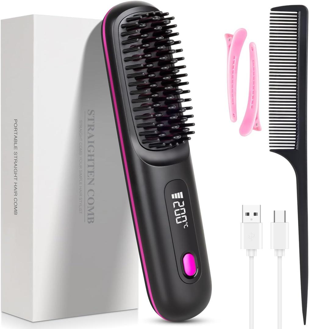 Go Brush Pro, 2026 Cordless Hair Straightener Brush 3 Adjustable Temperature Portable USB Charging Straightener Suitable for All Hair Types (Black)