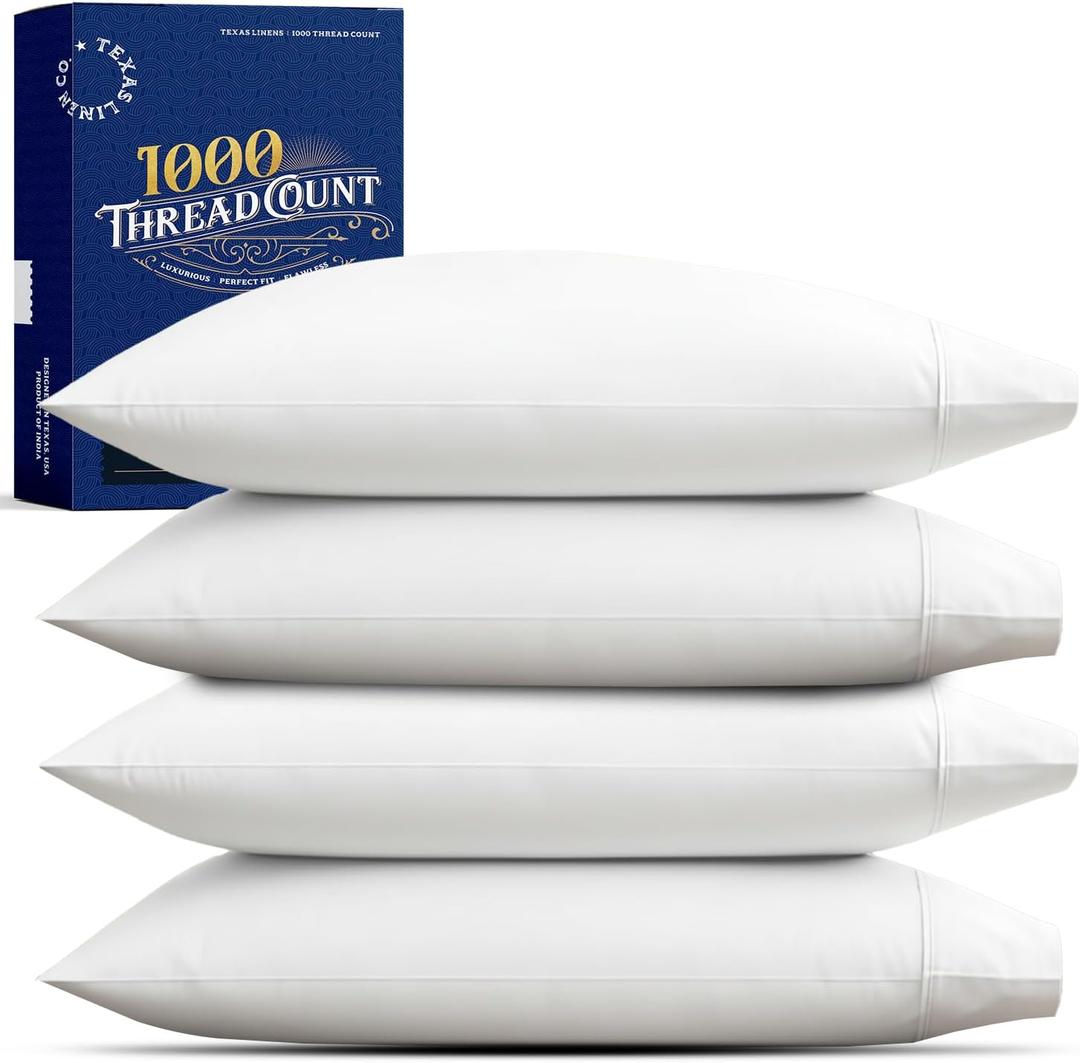 TEXAS LINEN CO. Premium Egyptian Cotton Pillow Cases Standard/Queen Size Set of 4 - Luxury High Thread Count Cotton Pillow Cases (2 Pair, White), Silky Soft, Cooling Extra Long Staple Pillowcases