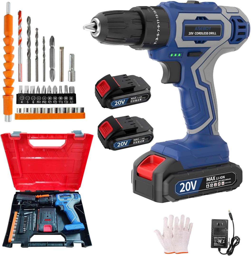 Aseboy Cordless Drill with Battery and Charger, 20V Drills for Specialized Field and Homework, Electric Drill with LED Light, Variable Speed Mode (2 batteries)