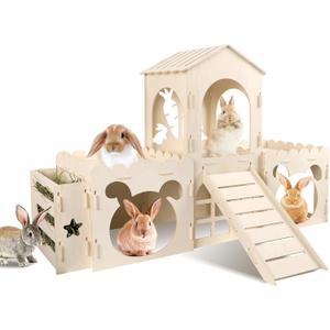 Extra Large Rabbit Castle, Wooden Bunny House & Hay Feeder, Detachable Rabbit Hideaway, Indoor Rabbit Castle with Ramp, Small Animal Houses & Habitats