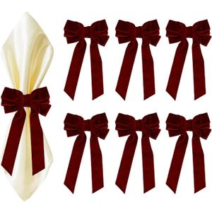 Bow Napkin Rings Set of 6 Luxury Soft Burgundy Velvet Napkin Holders, Elegant Bow Design for Christmas Holiday Dinner Wedding Party Table Decor