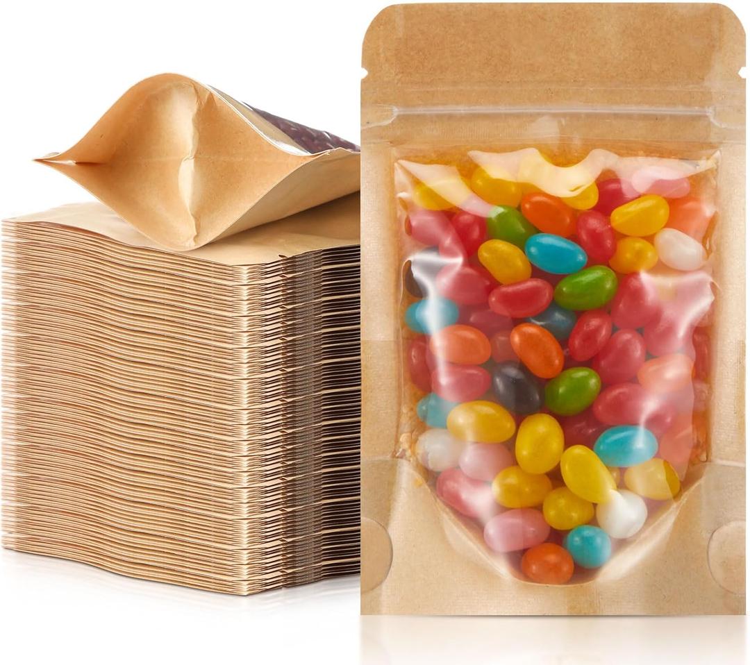 AmazingSpark 300 Pcs Kraft Bags with Window 4" x 6" Clear Front Pouches Resealable Zipper Food Brown Stand up Bags Bulk Bakery Coffee, Bean, Snack Storage Packaging Pouch for Home or Small Business