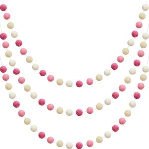 WILLBOND 3 Pieces Wool Felt Rainbow Ball Garland Colorful Pom Pom 6.5 ft Long 24 Ball Garland for Easter Mardi Gras Halloween Thanksgiving Xmas Black History Month (Pink,Light Pink,Beige,White)