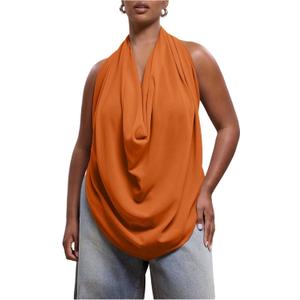 Women's Plus Size Open Back Cowl Neck Tank Tops Draped Sleeveless Chiffon Halter Top (Orange, XXL)