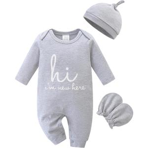 Cute Newborn Unisex Baby 100% Cotton Long Sleeve Onesie Coming Home Outfits,Soft Romper with Mittens & Hat (Gray)