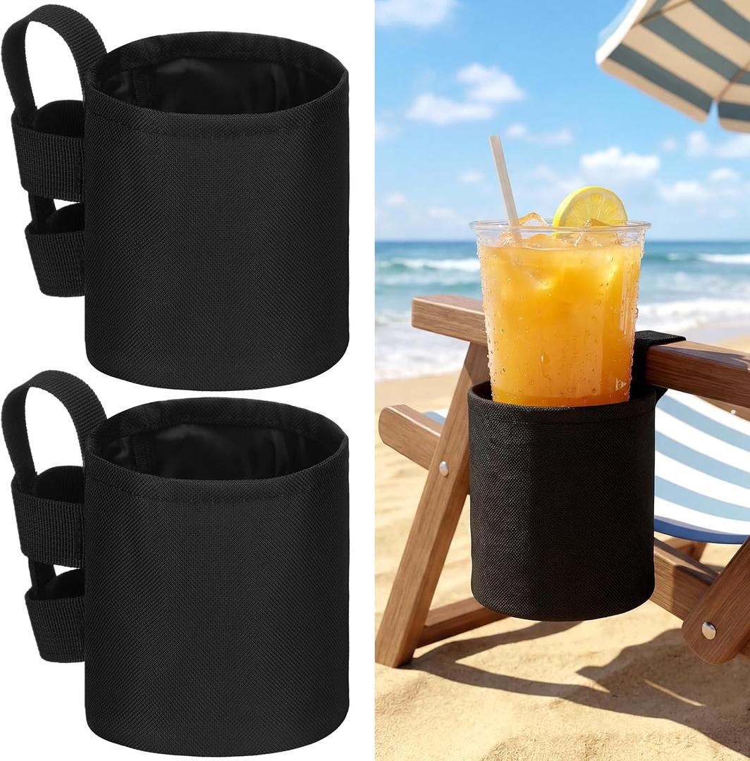 Patelai 2 Pack 4.1x3.5in Beach Chair Cup Holder Camping Chair Drink Holder, Portable Universal Water Bottle Organizer Accessories for Outdoor Beach Camping Lawn Fishing Pool Patio Loungers (Black)