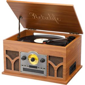 10-in-1 Record Player with Built-in Speakers Wireless Playback, CD & Cassette Player, USB Player, AM/FM Radio, 3 Speeds Turntable Vinyl Record Player Mahogany