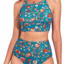 Herseas Women's Bikini Sets High Neck Tropical Leaf Print High Waisted Two Pieces Swimsuits Bathing Suits (Navy Blue Floral, Small)