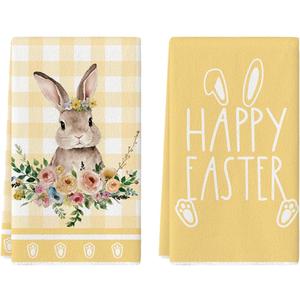 Artoid Mode Yellow Buffalo Plaid Bunny Rabbit Happy Easter Kitchen Towels Dish Towels, 18x26 Inch Spring Summer Holiday Decoration Hand Towels Set of 2