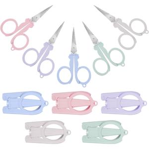 Lanties 10 Pcs Pastel Mini Folding Scissors with Safety Cap Small Stainless Steel Telescopic Little Travel Badge Reel Scissors Portable Tiny Cutter for Nurse, School, Home, Cutting