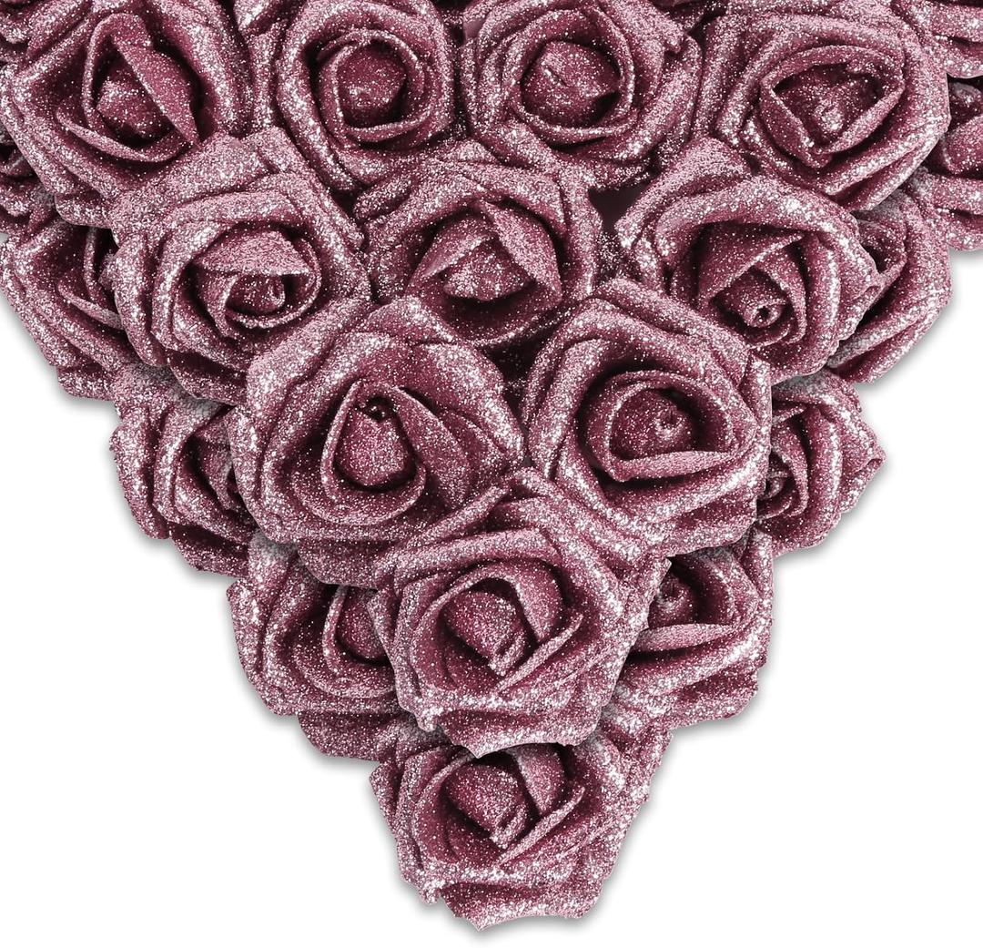 IPOPU Fake Roses,50PCS Rose Gold Flowers Artificial Glitter Roses with Stems for Crafts DIY Wedding Bouquet Home Party Decoration(Rose Gold)