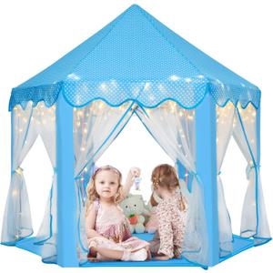 Monobeach Princess Castle Playhouse for Girls - Large Kids Tent with Star Lights for Indoor & Outdoor Play, 55'' x 53'' (DxH) (Blue Princess Tent with Little Star Lights)
