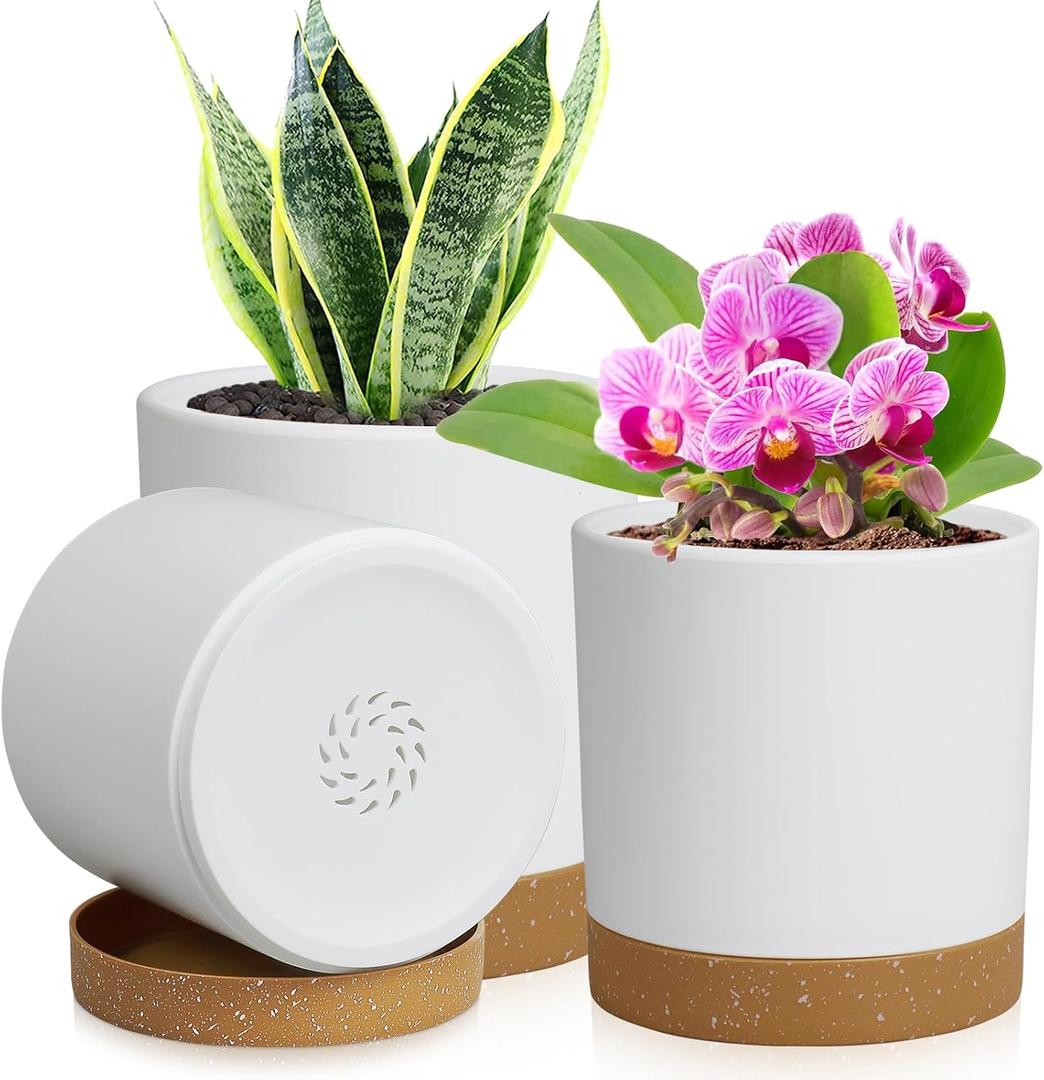 WSMKSZ 3 Pack 6/5/4 inch Cylindrical Flower Pots, Modern Small Round Plastic Plant Pots with Drainage Holes & Saucers, Clean and Refined Planter Pots for Outdoor, Indoor & Office Decor (White Brown)